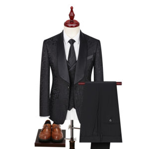 Luxury Men's Classic Black Tuxedo Suit - Embroidered Jacquard Design