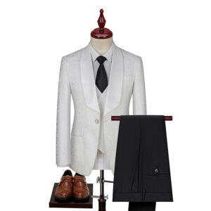 Luxury Men's Royal White Tuxedo Suit - Embroidered Jacquard Design