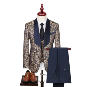 Luxury Men's Navy Blue Tuxedo Suit - Embroidered Jacquard Design