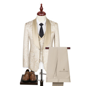 Luxury Men's Champagne Gold Tuxedo Suit - Embroidered Jacquard Design