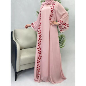 Elegant Pink Embroidered Abaya with Matching Hijab