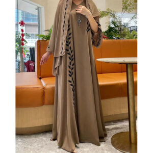 Elegant Brown Embroidered Abaya with Matching Hijab