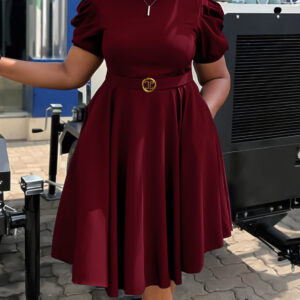 Elegant Puff Sleeve Fit & Flare Midi Dress