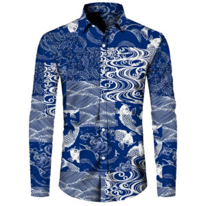 Men's Long Sleeve Japanese Koi Print Shirt – Navy Blue