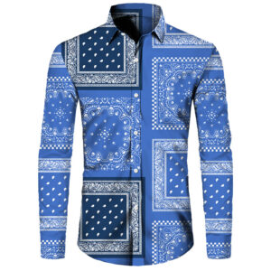Men's Long Sleeve Bandana Patchwork Shirt – Blue