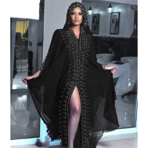 Elegant Black Beaded Kaftan Gown with Hood