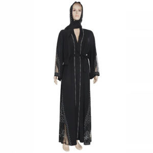 Elegant Black Embroidered Abaya with Sheer Detailing and Scarf