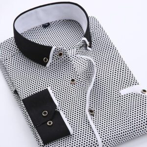 Men’s Slim Fit Printed Long Sleeve Shirt – White with Black Dots & Black Collar
