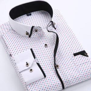 Men’s Slim Fit Printed Long Sleeve Shirt – White with Multicolour Dots & Black Collar