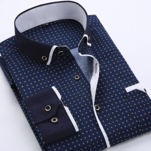 Men’s Slim Fit Printed Long Sleeve Shirt – Navy Blue with Yellow Dots & Navy Collar