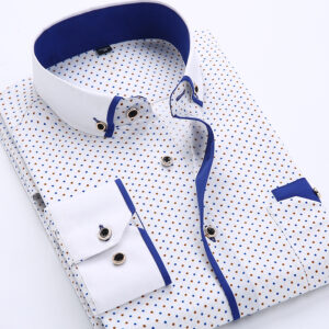 Men’s Slim Fit Printed Long Sleeve Shirt – White with Orange Dots & Blue Collar
