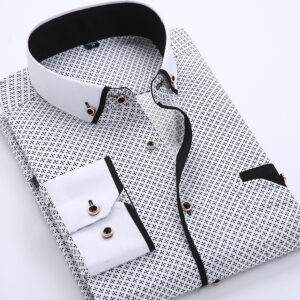 Men’s Slim Fit Printed Long Sleeve Shirt – White with Black Pattern & White Collar