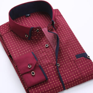Men’s Slim Fit Printed Long Sleeve Shirt – Maroon with Yellow Dots & Burgundy Collar