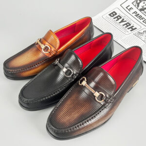 Men's Perforated Leather Loafers with Metal Bit Detail
