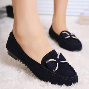 Women's Casual Suede Loafers with Metallic Bow Accent