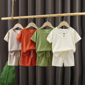 Kids' Summer Essentials – 4-Piece Comfy Cotton Outfit Set (Beige, Orange, Green, Cream)