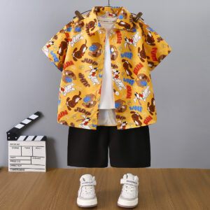 Cartoon Dog Print Boys' Summer Outfit – 3-Piece Set