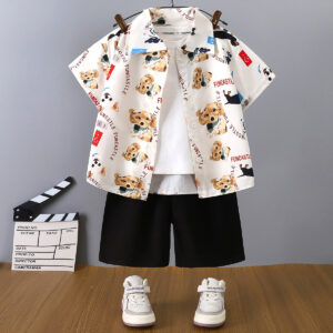 Kids' 3-Piece Dog Print Summer Outfit Set – Shirt, T-Shirt & Shorts