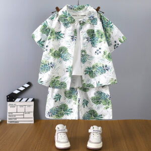 Tropical Leaf Print Boys’ 3-Piece Summer Outfit – Shirt, Shorts & Inner Tee