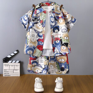 Cartoon Bear Print Summer Outfit Set for Kids (3-Piece)