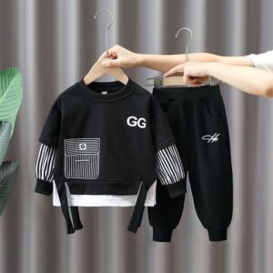 Stylish Black & White Striped Sleeve Kids Outfit – 2-Piece Set