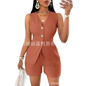 Women’s Sleeveless Button-Up Short Set – Chic Summer Two-Piece Outfit