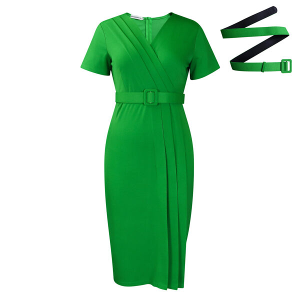 Elegant Pleated V-Neck Belted Office Dress – Classy, Chic & Confidence-Boosting!
