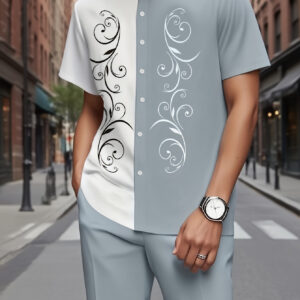 Men’s Two-Tone Luxury Swirl Print Shirt & Pant Set – Premium Casual Elegance