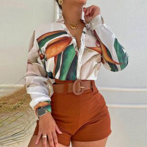 Elegant Leaf Print Shirt & High-Waist Shorts Set