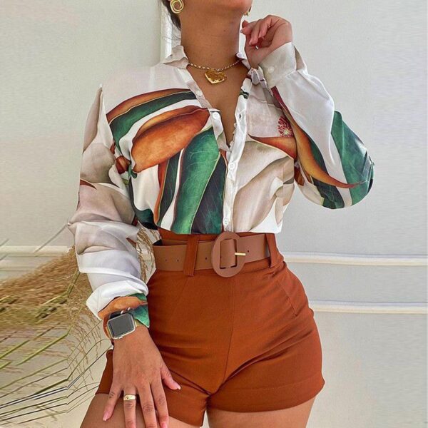 Elegant Leaf Print Shirt & High-Waist Shorts Set