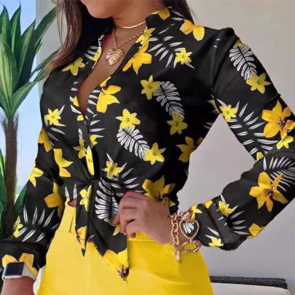 Women’s Floral Long-Sleeve Top & High-Waist Yellow Shorts Set