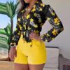Women’s Floral Long-Sleeve Top & High-Waist Yellow Shorts Set