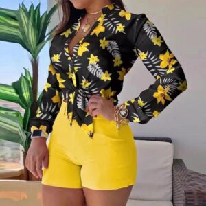 Women’s Floral Long-Sleeve Top & High-Waist Yellow Shorts Set