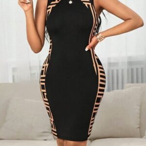 Elegant Bodycon Midi Dress with Geometric Side Panels